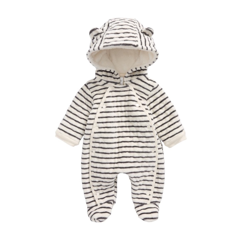 Nordstrom Baby Hooded Bunting in Ivory Grey Stripe Winter Bear Ears | 9 Months